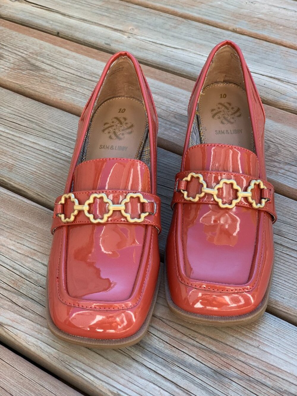 Sam & Libby Square Toe Loafers 10 Patent Burnt Orange Gold Retro Block Heel Shoe